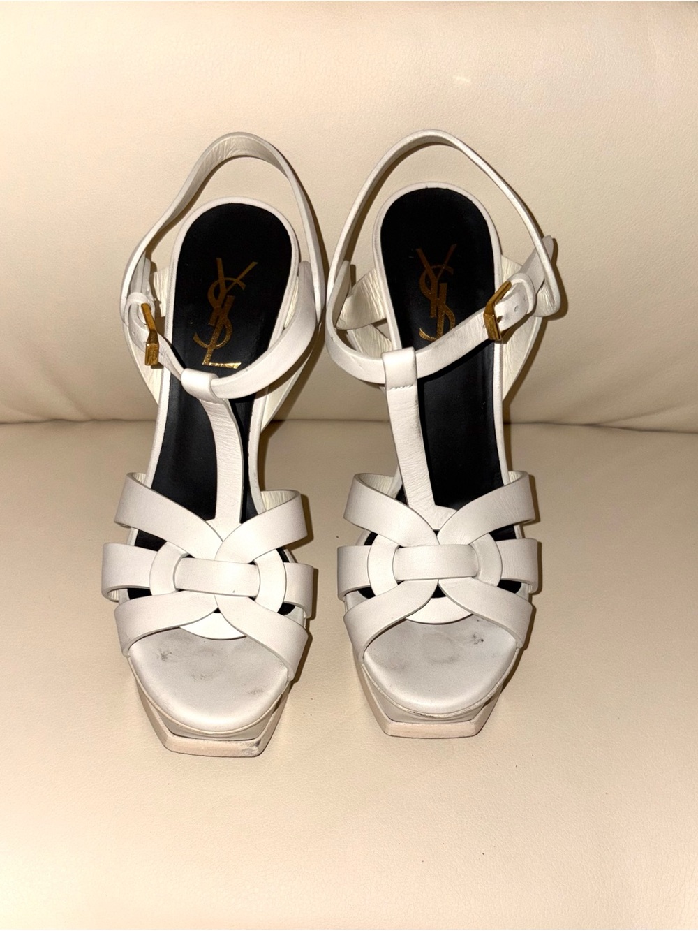 Saint Laurent White Leather Woven T-Strap Platform Sandals - Picture 1 of 10
